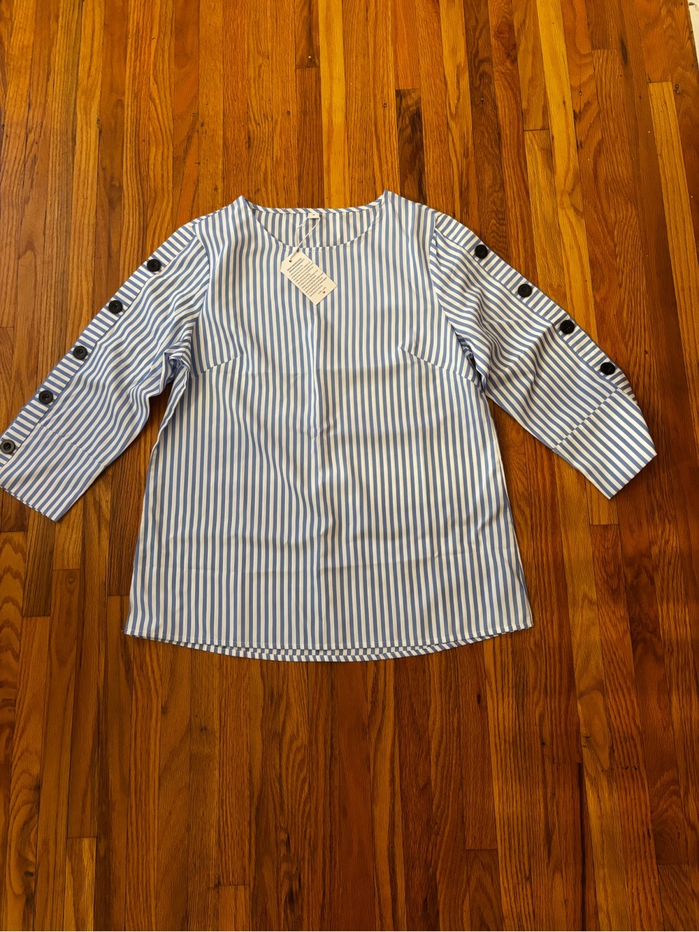 Women’s Blue & White Striped Long Sleeve Button-Sleeve Top